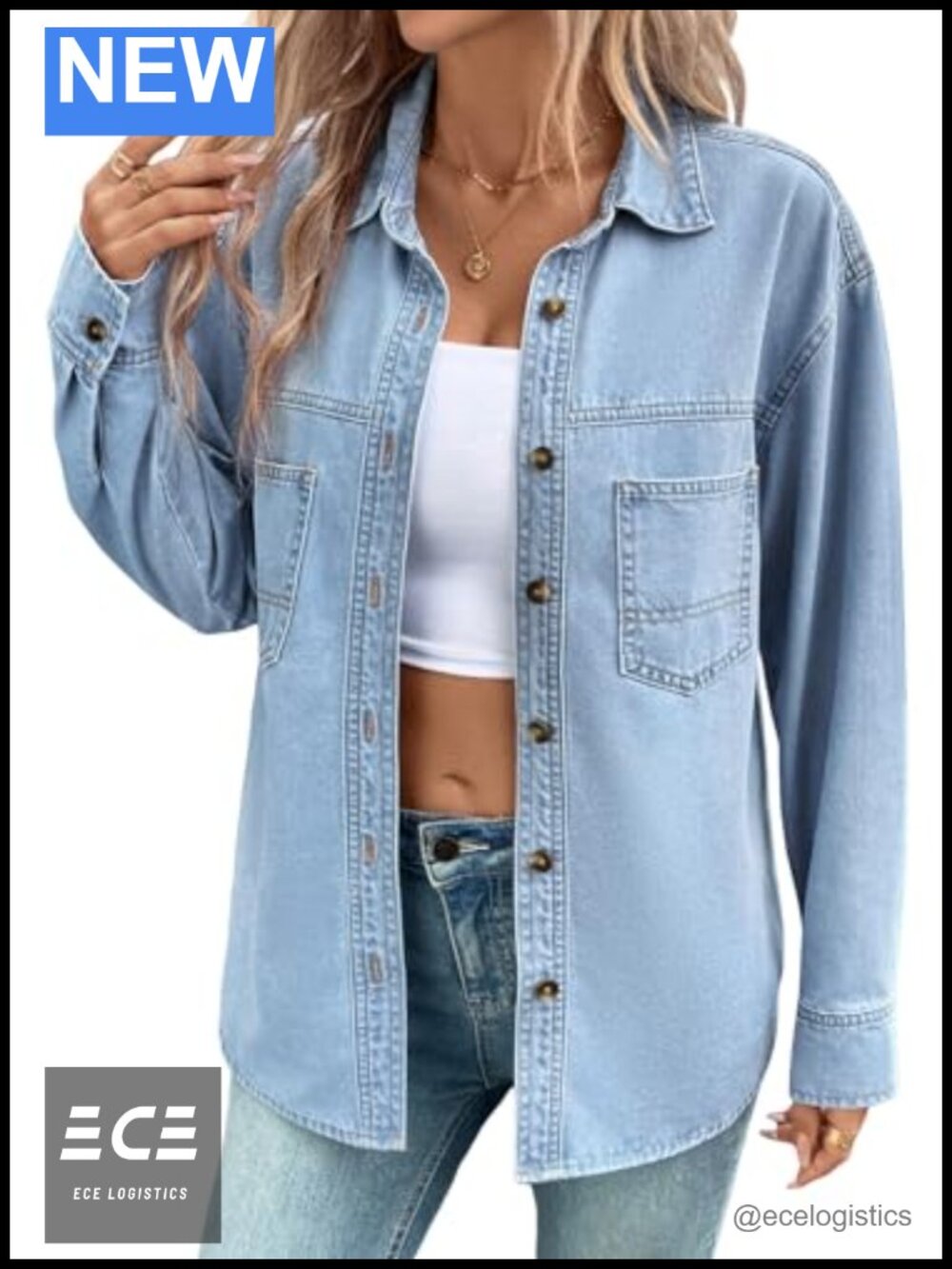 Oversized Denim Button Down Shirt Long Sleeve V-Neck Casual Blouse